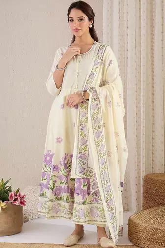 Women Floral Printed Regular Pure Cotton Kurta with Trousers & With Dupatta
