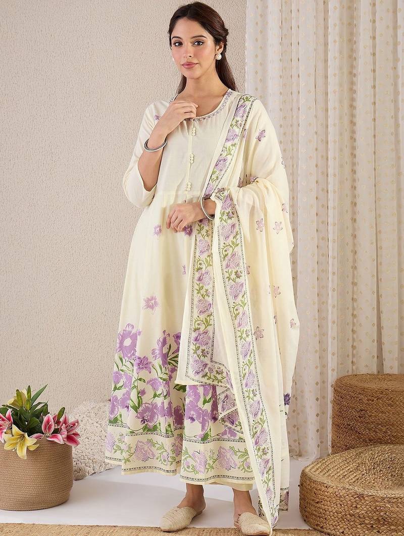 Women Floral Printed Regular Pure Cotton Kurta with Trousers & With Dupatta