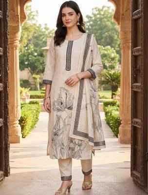 Women Floral Printed Regular Thread Work Linen Kurta with Trousers & With Dupatta 1