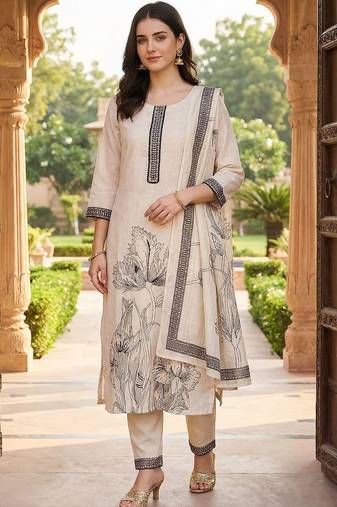 Women Floral Printed Regular Thread Work Linen Kurta with Trousers & With Dupatta