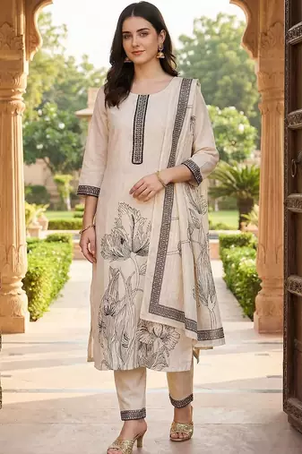 Women Floral Printed Regular Thread Work Linen Kurta with Trousers & With Dupatta