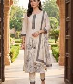 Women Floral Printed Regular Thread Work Linen Kurta with Trousers & With Dupatta