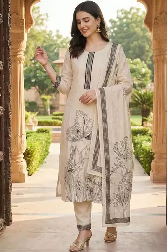 Women Floral Printed Regular Thread Work Linen Kurta with Trousers & With Dupatta