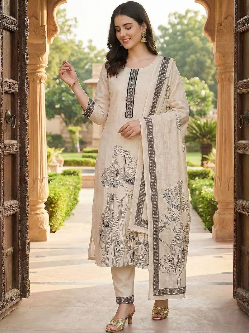 Women Floral Printed Regular Thread Work Linen Kurta with Trousers & With Dupatta