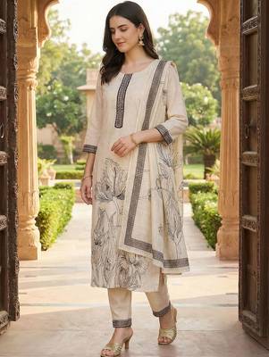 Women Floral Printed Regular Thread Work Linen Kurta with Trousers & With Dupatta 3