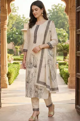 Women Floral Printed Regular Thread Work Linen Kurta with Trousers & With Dupatta