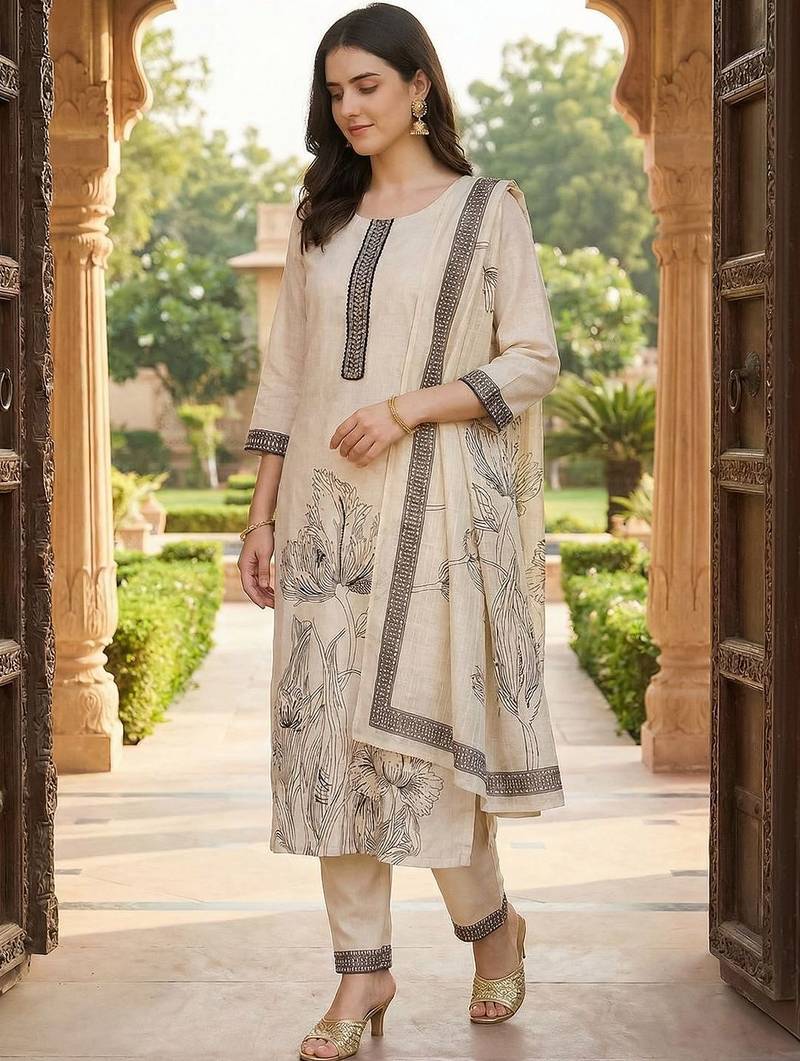 Women Floral Printed Regular Thread Work Linen Kurta with Trousers & With Dupatta