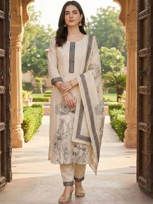 Women Floral Printed Regular Thread Work Linen Kurta with Trousers & With Dupatta 4