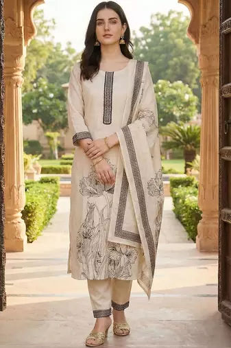 Women Floral Printed Regular Thread Work Linen Kurta with Trousers & With Dupatta