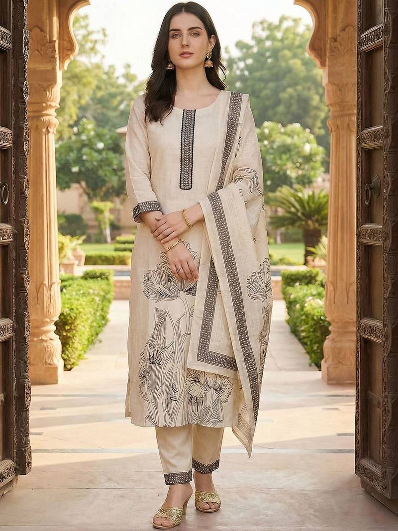 Women Floral Printed Regular Thread Work Linen Kurta with Trousers & With Dupatta