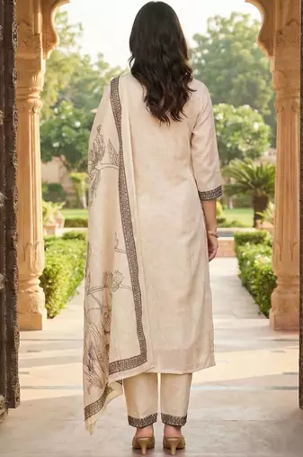 Women Floral Printed Regular Thread Work Linen Kurta with Trousers & With Dupatta
