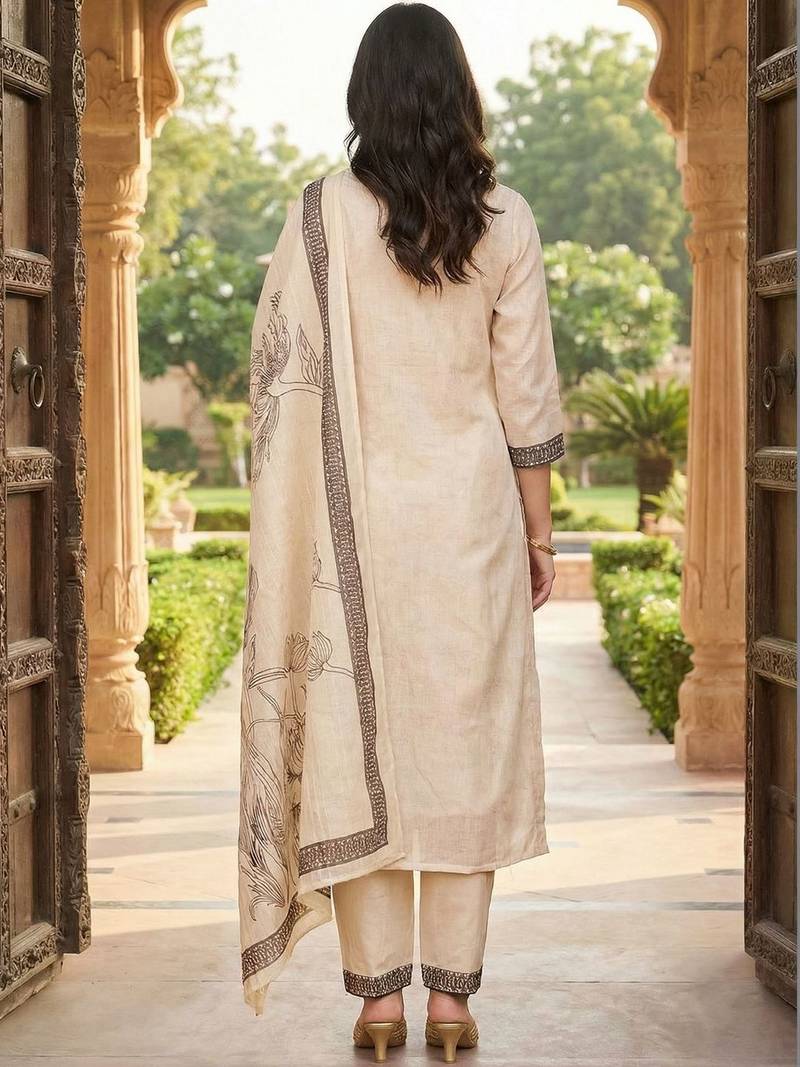 Women Floral Printed Regular Thread Work Linen Kurta with Trousers & With Dupatta