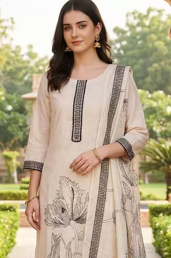 Women Floral Printed Regular Thread Work Linen Kurta with Trousers & With Dupatta