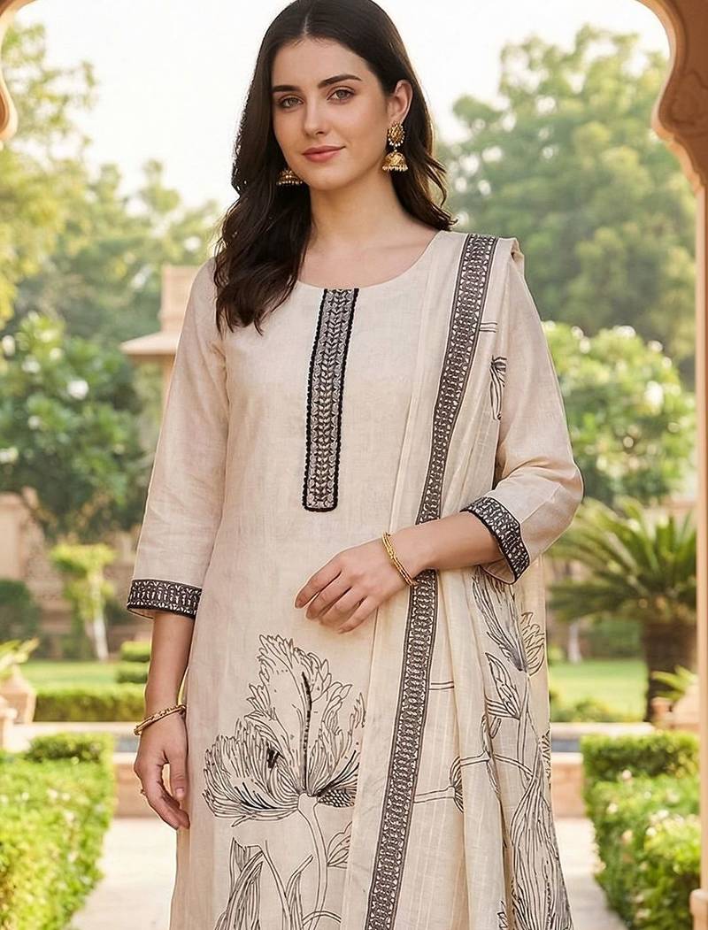 Women Floral Printed Regular Thread Work Linen Kurta with Trousers & With Dupatta