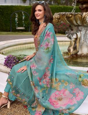 women floral embroidered regular thread work  cotton kurta with trousers & with dupatta 3