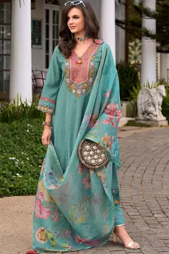 Women Floral Embroidered Regular Thread Work Pure Cotton Kurta with Trousers & With Dupatta