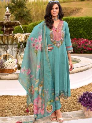 women floral embroidered regular thread work  cotton kurta with trousers & with dupatta 7
