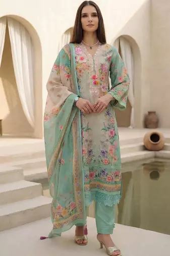 Women Floral Printed Regular Linen Kurta with Trousers & With Dupatta