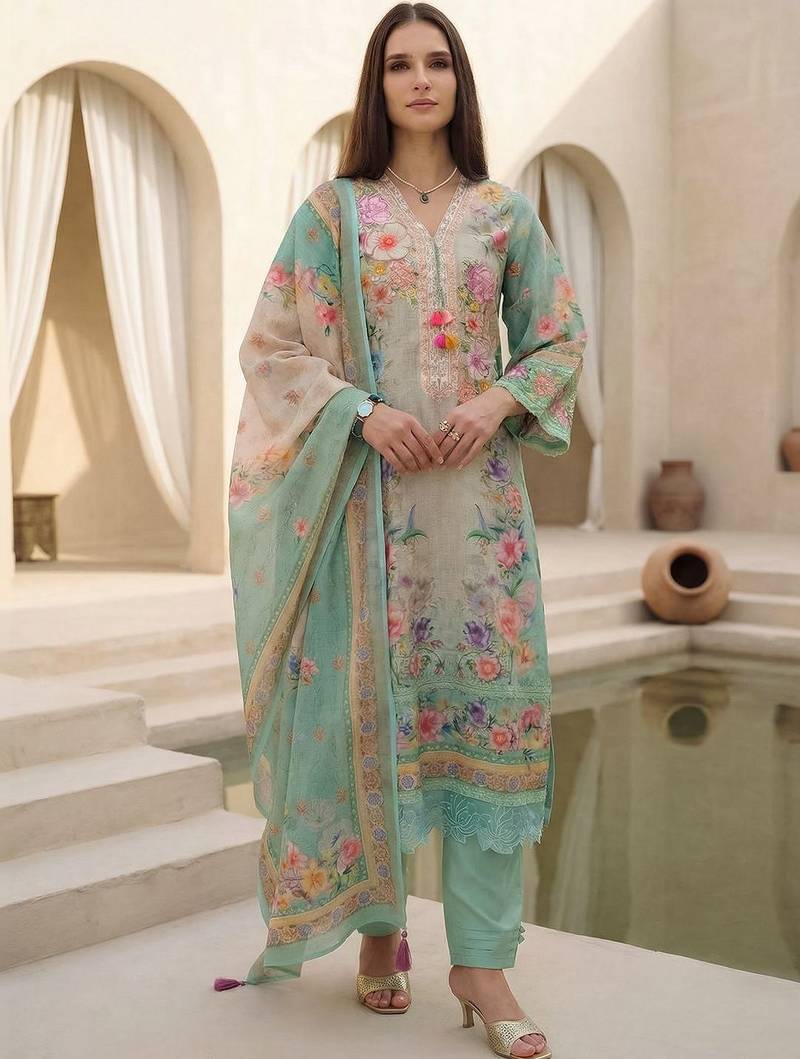 Women Floral Printed Regular Linen Kurta with Trousers & With Dupatta