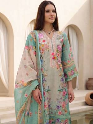 Women Floral Printed Regular Linen Kurta with Trousers & With Dupatta 2