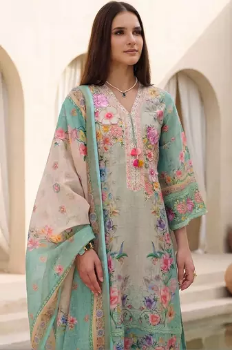 Women Floral Printed Regular Linen Kurta with Trousers & With Dupatta