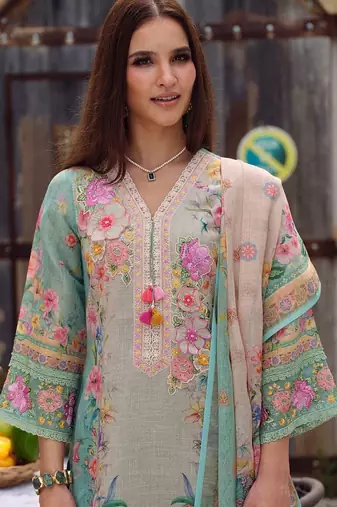 Women Floral Printed Regular Linen Kurta with Trousers & With Dupatta