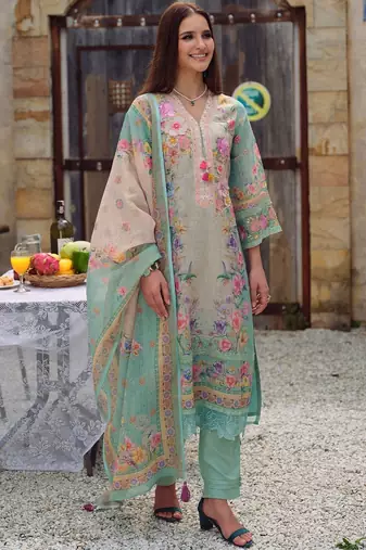 Women Floral Printed Regular Linen Kurta with Trousers & With Dupatta
