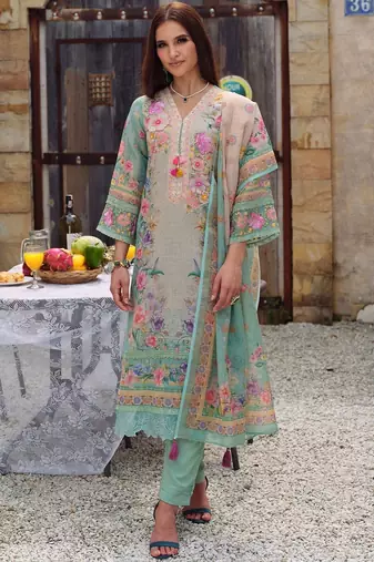 Women Floral Printed Regular Linen Kurta with Trousers & With Dupatta