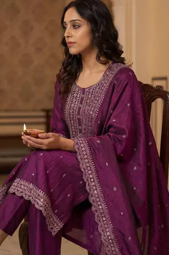 Women Ethnic Motifs Embroidered Regular Thread Work Kurta with Trousers & With Dupatta