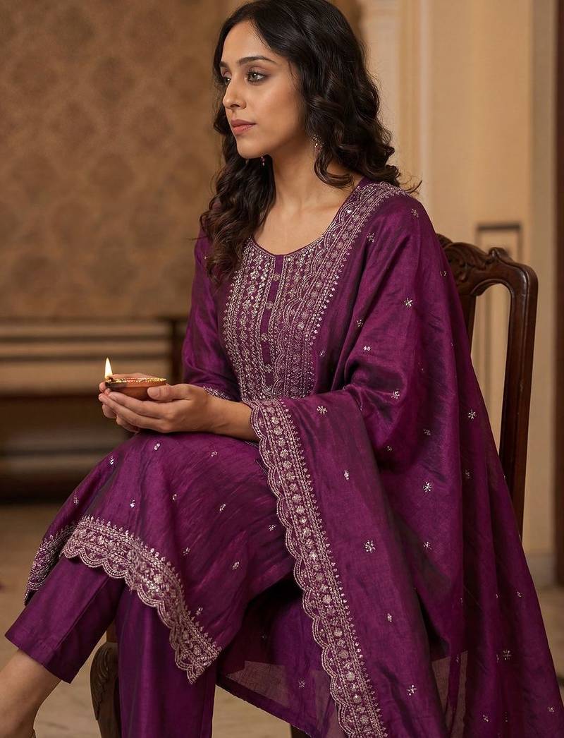 Women Ethnic Motifs Embroidered Regular Thread Work Kurta with Trousers & With Dupatta