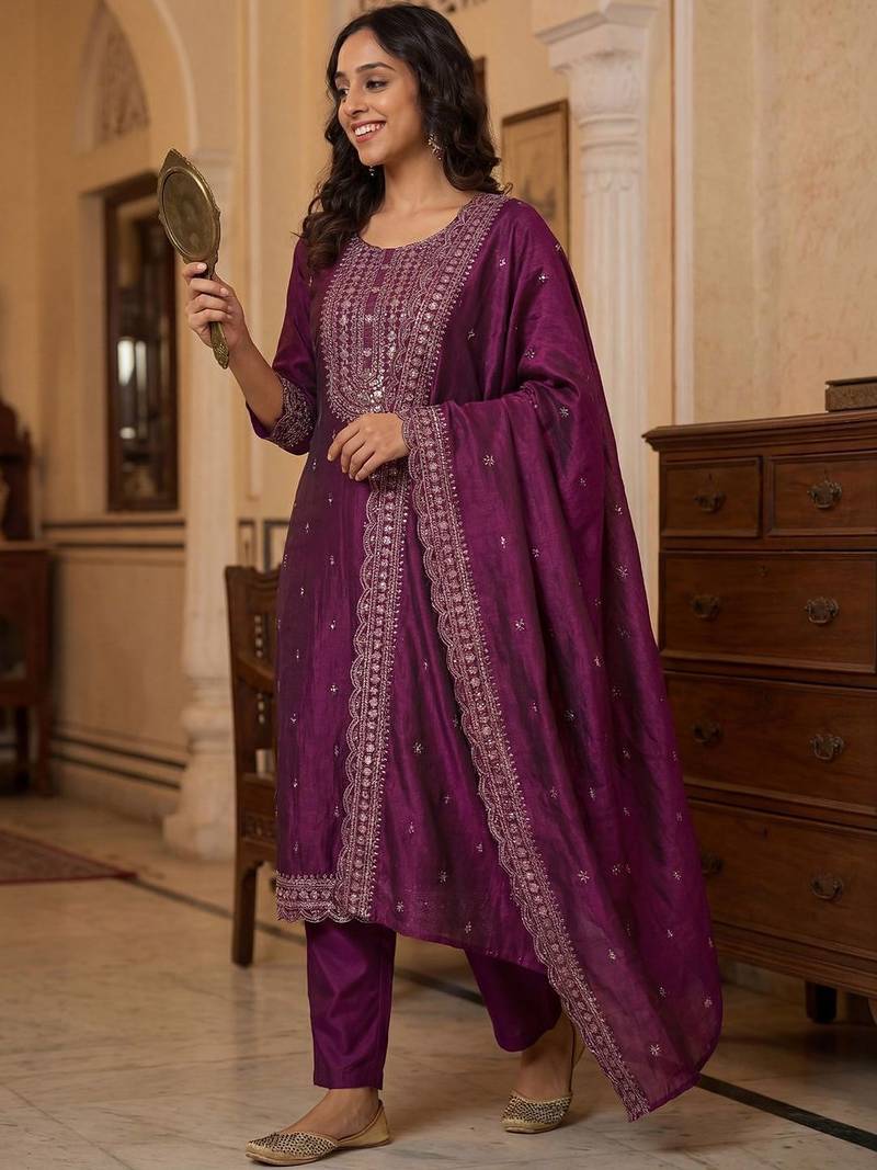 Women Ethnic Motifs Embroidered Regular Thread Work Kurta with Trousers & With Dupatta