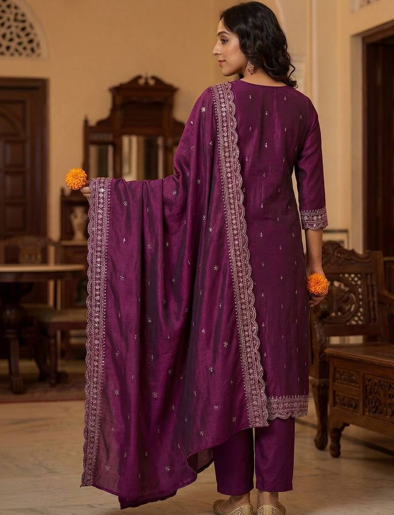 Women Ethnic Motifs Embroidered Regular Thread Work Kurta with Trousers & With Dupatta