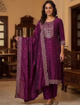 Women Ethnic Motifs Embroidered Regular Thread Work Kurta with Trousers & With Dupatta 7