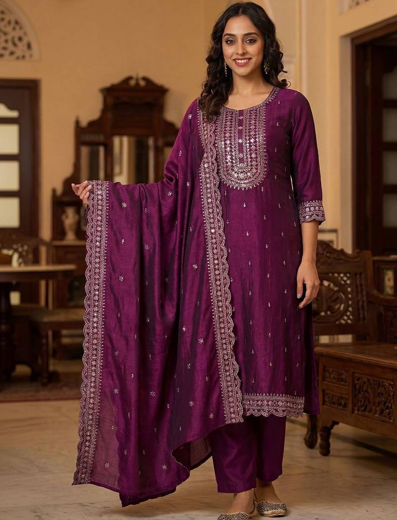 Women Ethnic Motifs Embroidered Regular Thread Work Kurta with Trousers & With Dupatta
