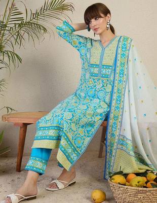 Women Floral Printed Regular Mirror Work Pure Cotton Kurta with Trousers & With Dupatta 2