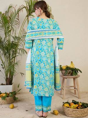 Women Floral Printed Regular Mirror Work Pure Cotton Kurta with Trousers & With Dupatta 3