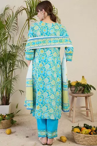 Women Floral Printed Regular Mirror Work Pure Cotton Kurta with Trousers & With Dupatta