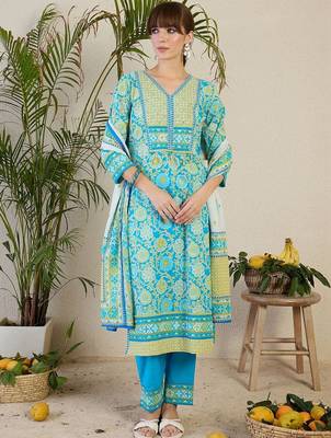 Women Floral Printed Regular Mirror Work Pure Cotton Kurta with Trousers & With Dupatta 4