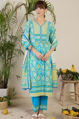 Women Floral Printed Regular Mirror Work Pure Cotton Kurta with Trousers & With Dupatta