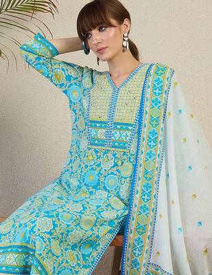 Women Floral Printed Regular Mirror Work Pure Cotton Kurta with Trousers & With Dupatta 5