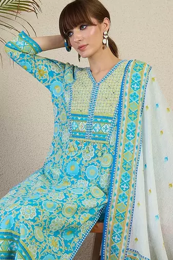 Women Floral Printed Regular Mirror Work Pure Cotton Kurta with Trousers & With Dupatta