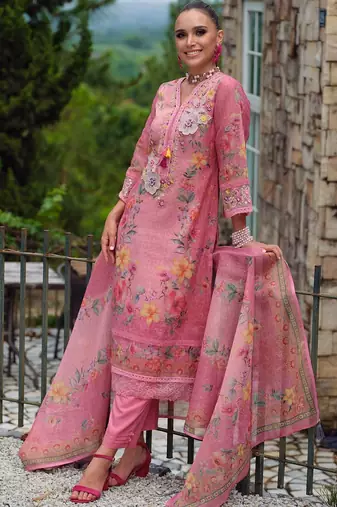 Women Floral Printed Regular Thread Work Linen Kurta with Trousers & With Dupatta