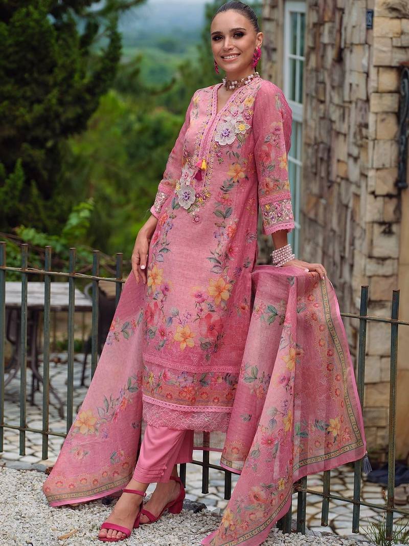 Women Floral Printed Regular Thread Work Linen Kurta with Trousers & With Dupatta