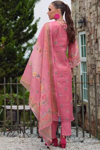 Women Floral Printed Regular Thread Work Linen Kurta with Trousers & With Dupatta