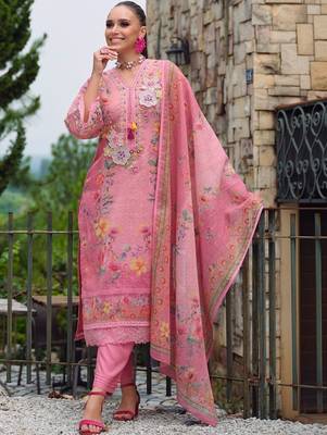 Women Floral Printed Regular Thread Work Linen Kurta with Trousers & With Dupatta 3