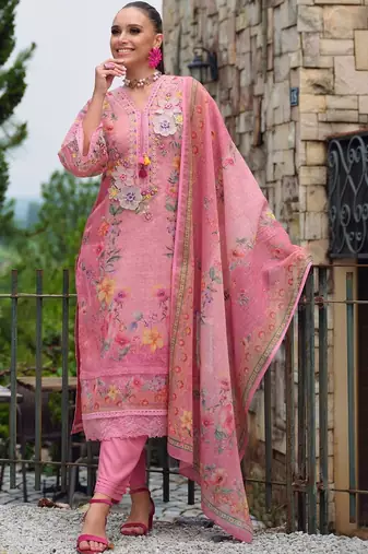 Women Floral Printed Regular Thread Work Linen Kurta with Trousers & With Dupatta