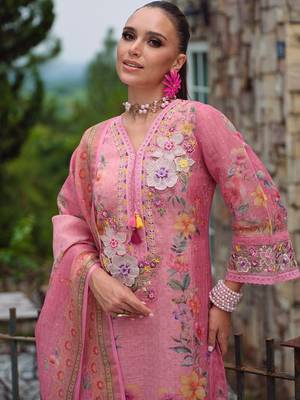 Women Floral Printed Regular Thread Work Linen Kurta with Trousers & With Dupatta 4
