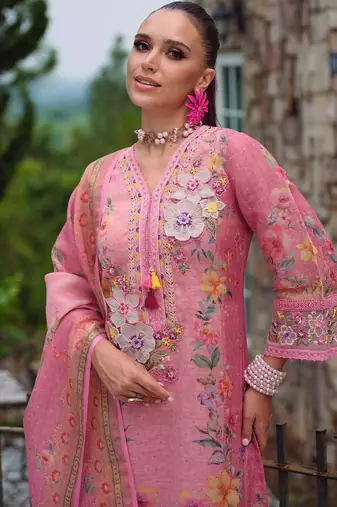 Women Floral Printed Regular Thread Work Linen Kurta with Trousers & With Dupatta