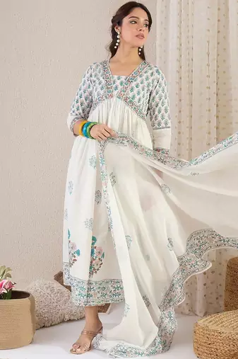 Women Floral Printed Empire Pure Cotton Kurta with Palazzos & With Dupatta