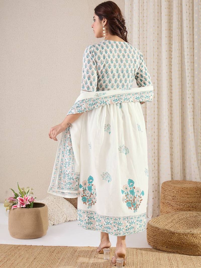 Women Floral Printed Empire Pure Cotton Kurta with Palazzos & With Dupatta